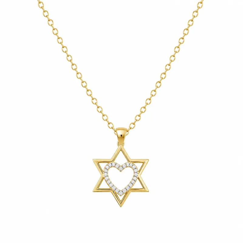 שרשרת לאישה בציפוי זהב עם תליון מגן דוד בשילוב לב משובץ אבנים