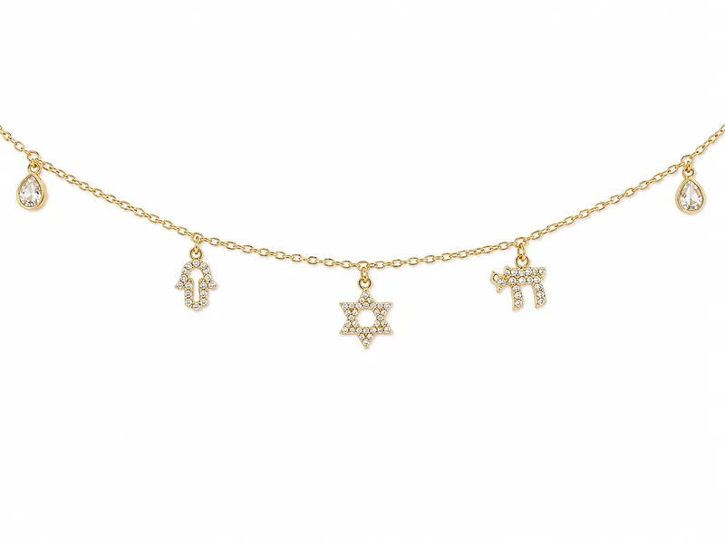 שרשרת זהב עם חמסה, מגן דוד וחי משובצים לאישה