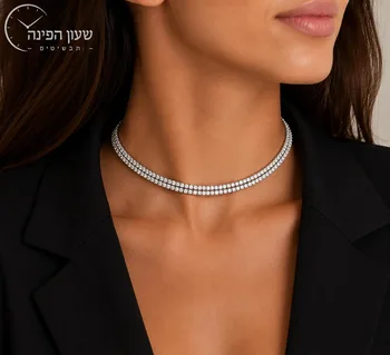 שרשרת טניס כפולה צמודה לצוואר לנשים – צבע כסף