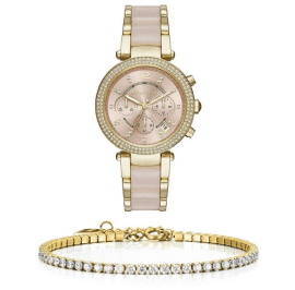 סט שעון יד אנלוגי לאישה עם צמיד טניס מוזהב michael kors mk6326 מייקל קורס
