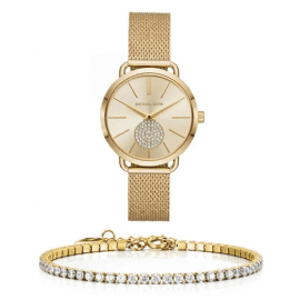 סט שעון יד אנלוגי לאישה michael kors mk3844 מייקל קורס עם צמיד טניס מוזהב