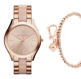 סט שעון יד אנלוגי לאישה עם צמיד מפתח הלב רוז michael kors mk4294 מייקל קורס